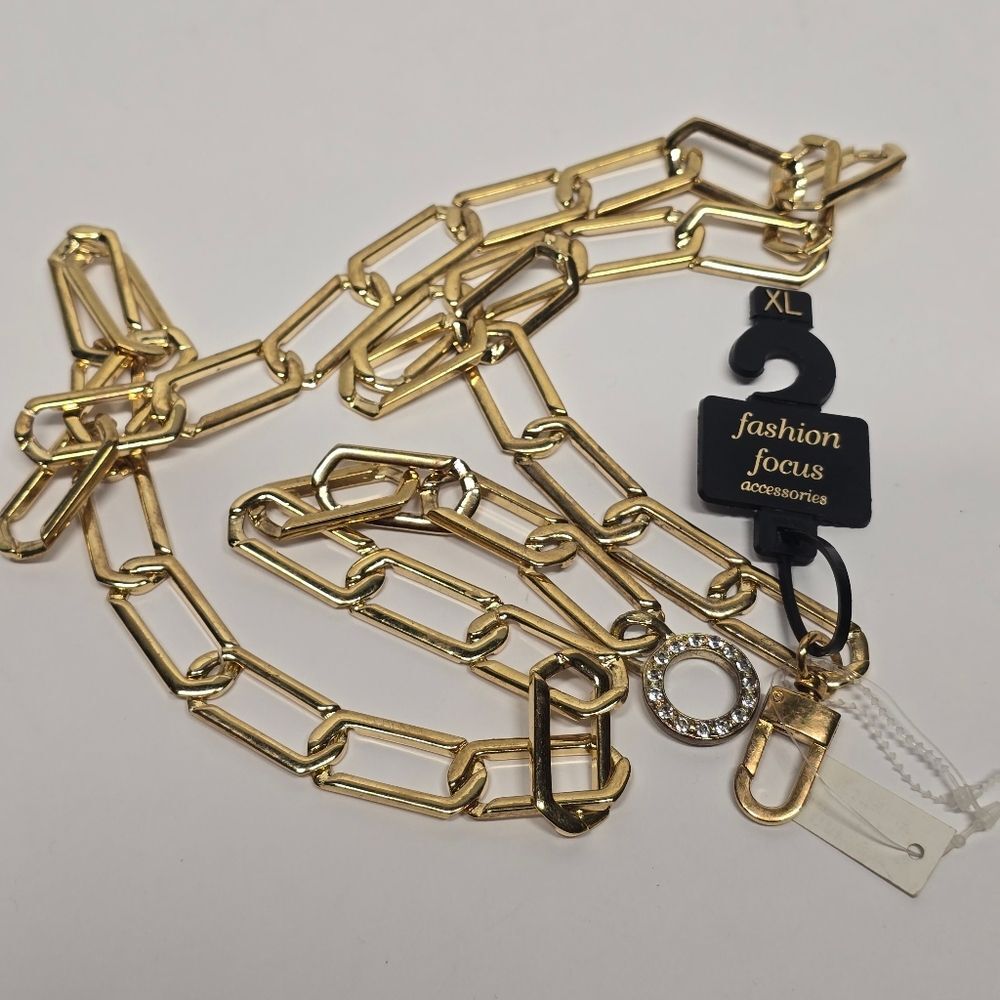 Vintage Gold Link Chain Belt Rhinestones Charm Accent Women's XL